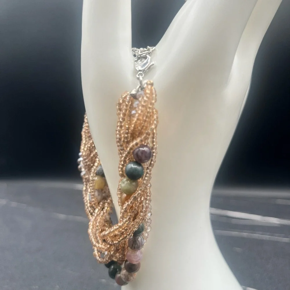 Vintage Y2K Multi-Strand Agate Natural Stone Bracelet Seed Beads Boho‎ Statement